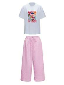 Plus Size Letter Print Round Neck Short Sleeve T-Shirt And Striped Print Pants 2-Piece Set Elegant Summer - Hot Pink - View 3