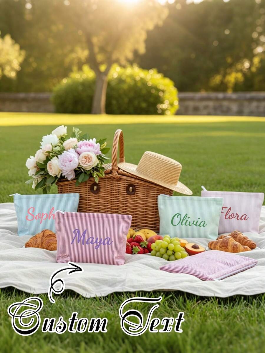 Custom Striped Makeup Bag - Personalized Name Or Text Customization - Multiple Colors Available - Minimalist Large Capacity Design - Daily Storage Bag & Document Bag - Multicolor - View 1