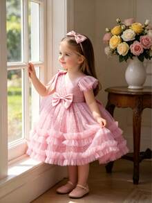 Robe de princesse bouffante pour filles bébé, couleur unie avec motif en forme de cœur en maille, nœud mignon, convient pour les fêtes, les vacances, les mariages, sans le bandeau - Vieux Rose - Voir 5