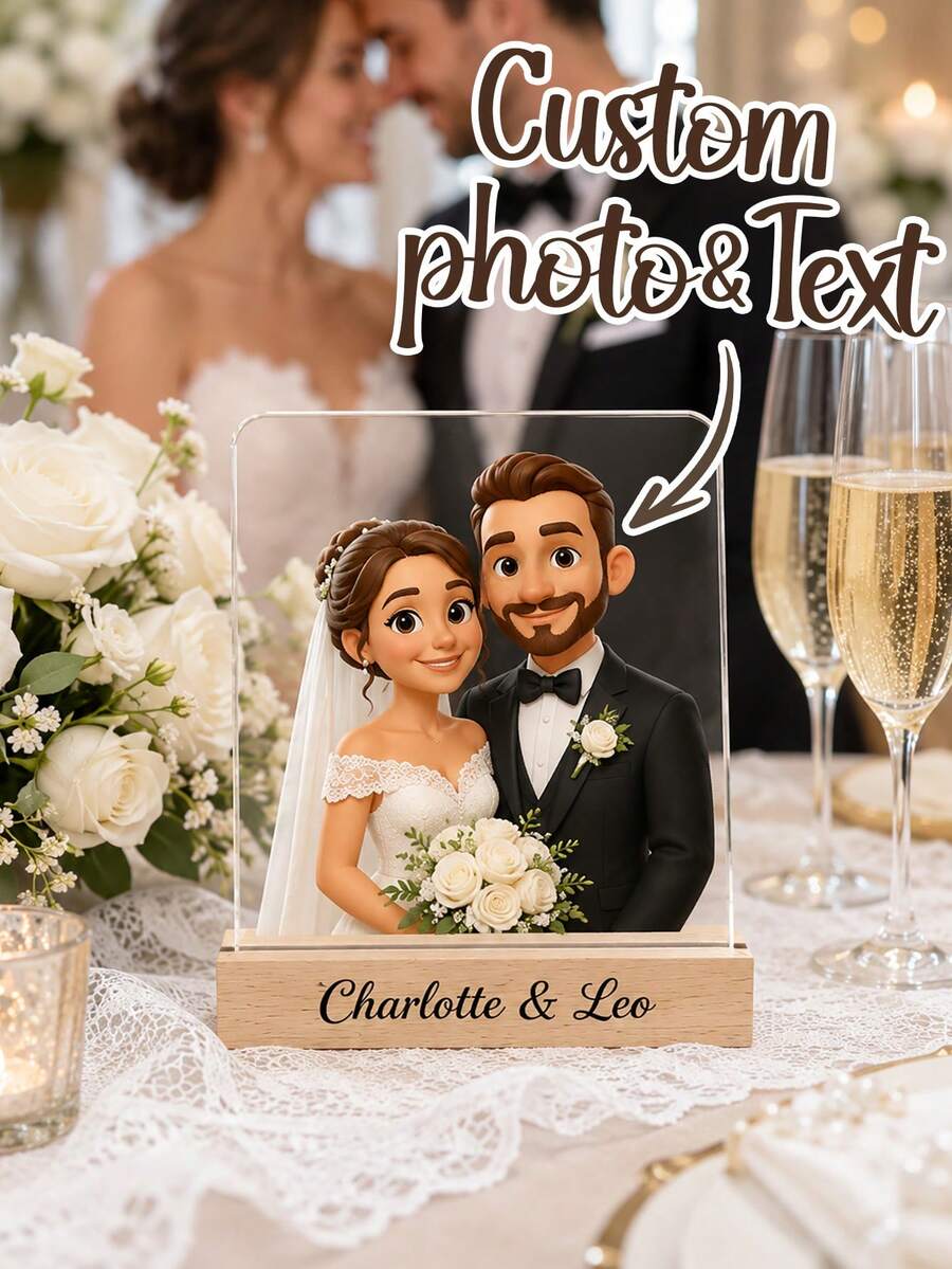 Personalized Cartoon Photo Acrylic Plaque, Customizable With Your Photos And Text, Photos Presented In Cartoon Style, Comes With Solid Wood Base. Suitable For Your Pet Photos, Couple Photos, Family Photos, Best Friend Photos, Anime And Artworks. A Birthday Surprise For Your Loved Ones, Ideal Christmas Gift, Anniversary Gift, Celebrate Your Journey, Holiday Thank You Gift, Souvenir For Special People.