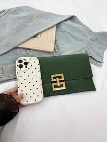 2024 小眾設計時尚鱷魚壓紋信封手拿包復古女款手提包 - 墨綠色 - 查看 5