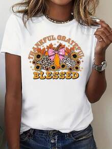 Camiseta casual de mujer de manga corta con estampado de calabaza, girasol y leopardo para el Día de Acción de Gracias, fiesta de cosecha de otoño - 220g - Blanco - Ver 2