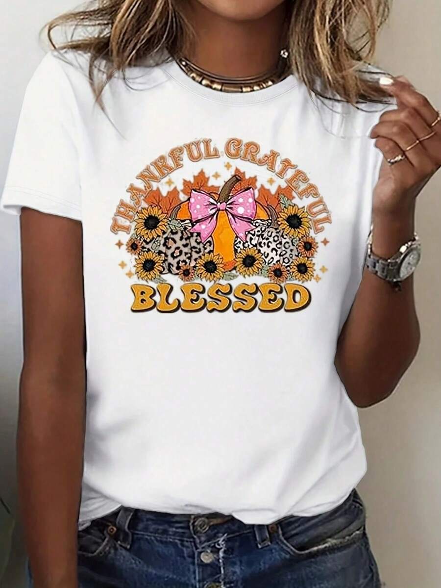 Camiseta casual de mujer de manga corta con estampado de calabaza, girasol y leopardo para el Día de Acción de Gracias, fiesta de cosecha de otoño - 220g