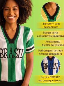 Women's Blouse Brazil Ribbed Knit Short Sleeve V-Neck Front Print Sporty Casual Knit - 綠色 - 查看 4