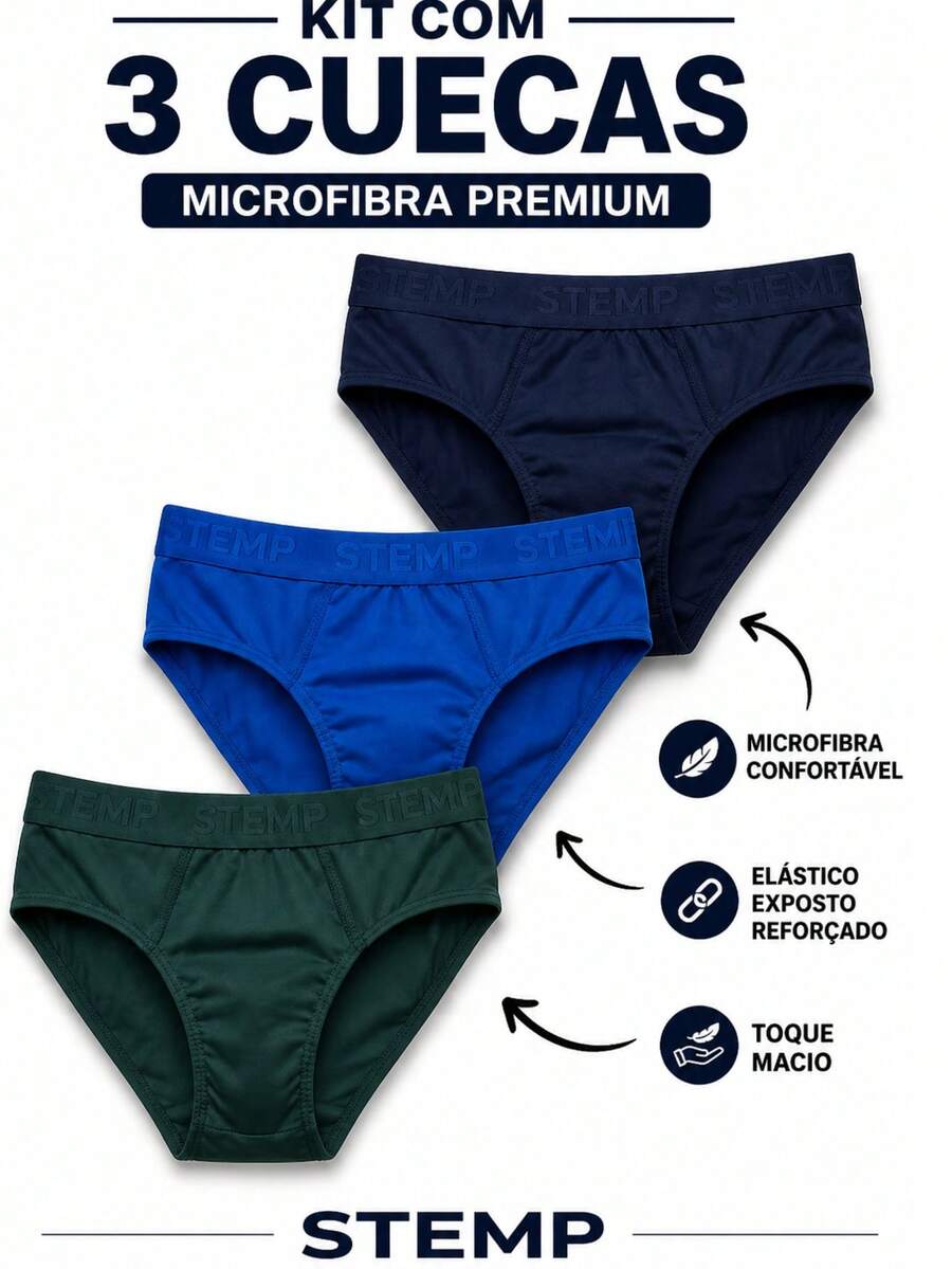 Set Of 3 Men's Plain Microfiber Slip Briefs With Exposed Elastic Waistband - Premium Men's Briefs With Embroidered Elastic. - 彩色 - 查看 1