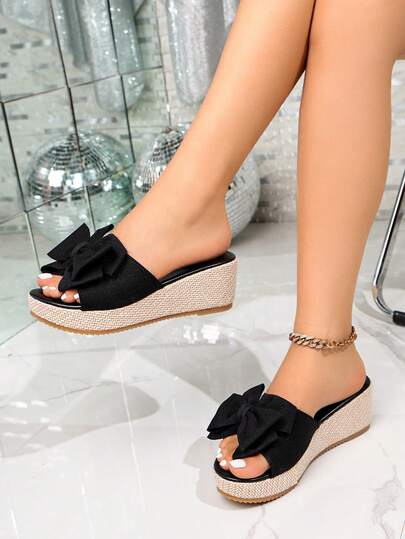 Cross-Border Fashion Hot-Selling Simple Outdoor Bow Knot New Wedge Heel Comfortable Sandals