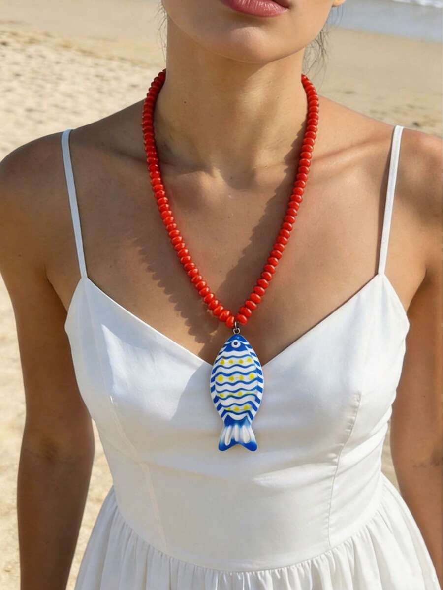 ZA 女款手繪魚形吊墜串珠項鍊 | 多色海洋波希米亞風復活節禮物海灘派對飾品 - 彩繪魚B款 - 查看 1