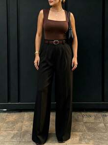 Pantalones de cintura alta y pierna ancha ajustados para mujer en color negro | Estilo bohemio de calle | Adecuado para primavera/verano, uso casual, ir al trabajo (Cinturón no incluido) - Negro - Ver 6