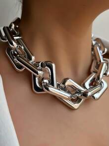 1 Set Women's Fashion Vintage Minimalist Metal Flat Cuban Chain Necklace & Bracelet Set, Perfect For Daily Wear, Weddings, Brides, Parties And Celebrations - Silver - View 4