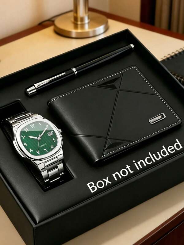 Set de regalo de negocios para hombre de 3 piezas: reloj con esfera negra y correa de cuero + billetera y bolígrafo