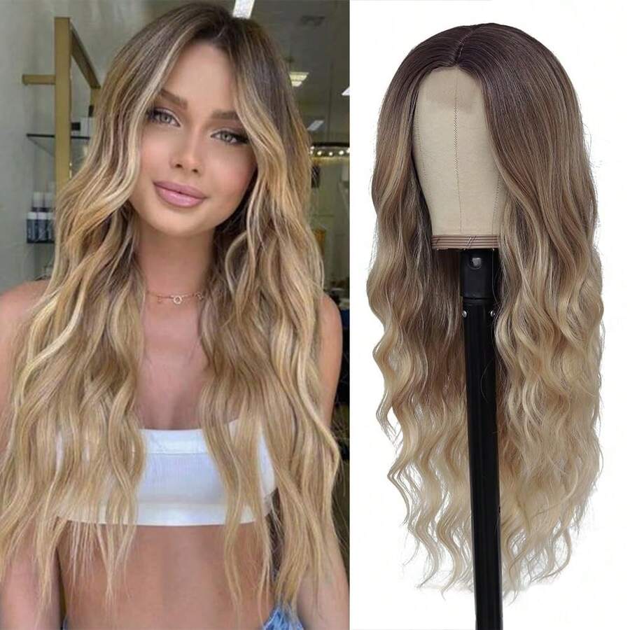 Long Ombre Blonde Wavy Wig For Women 26 Synthetic Heat Resistant Fiber Wig For Daily Party Use - Multicolor - View 1