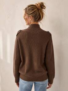VIBEWAVE Brown High Neck Ribbed Single-Breasted Cropped Knit Cardigan, Old Money Relaxed Style Thick Ribbed Long Sleeve Sweater, Autumn/Winter City Street Style Commute Cafe Outerwear Top - Brown - View 5