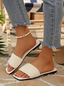 Sandalias planas de lujo para mujer Primavera/Otoño 2024, tacón bajo antideslizante talla grande con pedrería, pantuflas sin cordones, diseño versátil - Blanco - Ver 3