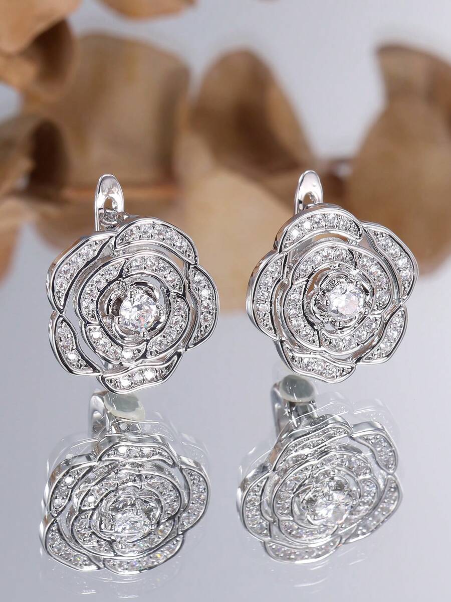 Vanel 1 Pair Luxury Silver Rose Ear Clips, Exquisite Fully Paved ...