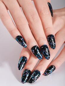 20Pcs Colorful Glitter Semi-Cured Gel Nail Strips,Black Pearl Starry Sky Self-Adhesive Gel Nail Stickers, Salon Quality, Easy To Apply, Perfect For Parties And Music Festivals DIY Nail Art - Black - View 3