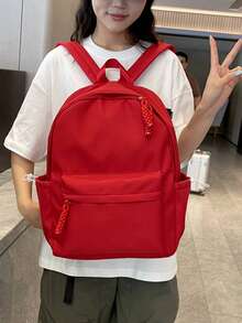 Women's Minimalist Solid Color Nylon Backpack, Lightweight Business Commute Daily Use Backpack, Multi-Pocket Large Capacity Casual Backpack Suitable For Office, Work, Travel, School - Red - View 3
