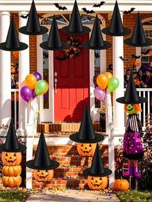 6pcs Halloween Witch Hat Hanging Decorations, 1pc 35m Fishing Line, Halloween Witch Costume Accessories, Halloween Indoor/Outdoor Party Decorations, Halloween Party Decor, Black Pointed Top Hat Decorations, Witch Hat Costume Props, With Fishing Line, Suitable For Indoor/Outdoor Halloween Party Decorations, Durable Weather-Resistant Haunted House And Garden Decorations - Multicolor - View 2