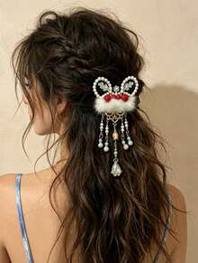 1PC Niche Design Inlaid Pearl Oil Drip Craft Women's Hair Clip, Updo Braided Side Beaded Tassel Hair Clip, Cute Tassel Hair Clip, Suitable For Vacation Party/Wedding/Bridesmaid Bride Headpiece Hair Accessory,Clips For Hair - Multicolor - View 7