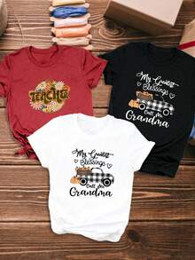 3 piezas de Camisetas cortas y ajustadas de mujer con cuello redondo, de manga corta, de estilo minimalista y casual, con estampado de cerezas, apropiadas para el verano - Negro - Ver 1