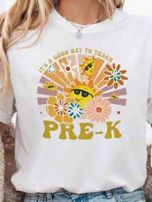 Preschool T-Shirts, Summer T-Shirts For Women, Graphic Print T-Shirts For Women, Casual Short Sleeve Crew Neck T-Shirt, 1 Fashion T-Shirt, 180g, 100% Cotton. - 學前教師襯衫007 - 查看 1