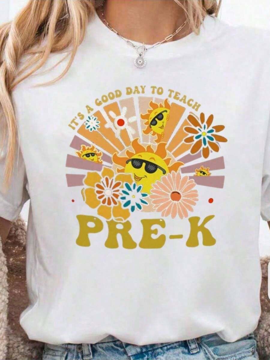 Preschool T-Shirts, Summer T-Shirts For Women, Graphic Print T-Shirts For Women, Casual Short Sleeve Crew Neck T-Shirt, 1 Fashion T-Shirt, 180g, 100% Cotton. - 學前教師襯衫007 - 查看 1