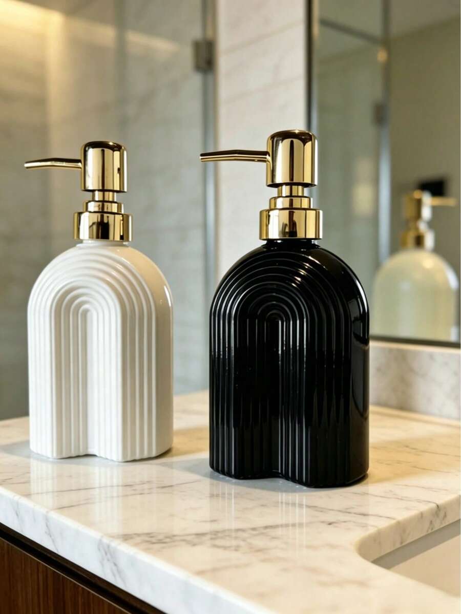 3件組高級廚房與浴室皂液器套組,2件黑白玻璃瓶配金色泵頭,附梳妝台收納托盤,可補充液體皂液器,適用於洗手液、清潔劑、洗髮精、沐浴露、乳液等,奢華廚房與浴室裝飾,廚房配件,浴室配件,現代家居裝飾,實用禮物 - A - 查看 1