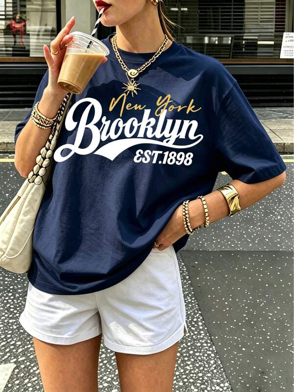 New York Brooklyn Pattern T-Shirt, Vintage College Print T-Shirt, Collegiate Style City Aesthetic Casual Short Sleeve, Classic Urban Vibe Top Summer