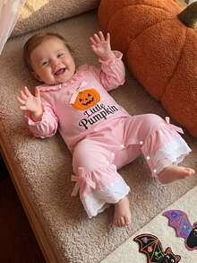 Toddler Girls' Jumpsuit Long Sleeve Crew Neck Pumpkin Ghost Casual Romper Halloween Clothes For Casual Daily And Party - Pink - View 4