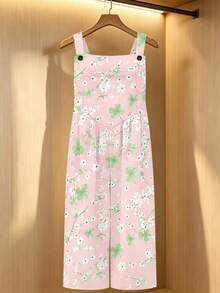 Floral And Clover Print Women's Adjustable Strap Jumpsuit, Polyester Fiber Fabric, Lightweight And Breathable, Women's Clothing - 彩色 - 查看 3