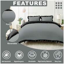 VELVETIO Luxury Kendrick Frill Duvet Cover Set Reversible Bedding Set Soft Smooth Lightweight Microfiber Polyester With Matching Pillow Cases Elegant Ruffle Edge Plain Design Single Double King - Charcoal/Black - View 4