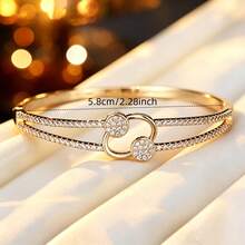 1pc Luxury Double Ring Full Rhinestone Bangle For Women, Niche Design Exquisite Zirconia Inlaid Bracelet, Commuter Versatile High-End Style, Gift For Best Friend - Bracelet - View 4