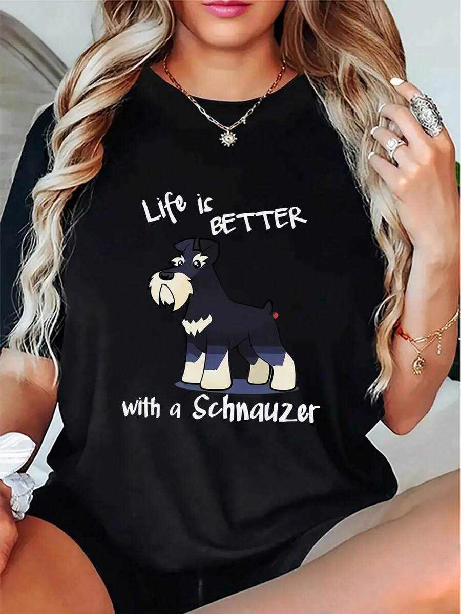 Blusa de Verano de Algodón Puro Cuello Redondo Manga Corta Estampado de Schnauzer con Frase La Vida Es Mejor Con Un Schnauzer Top Casual Cómodo para Amantes de Perros camisas de mujer - Negro - Ver 1