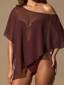 Women's Off Shoulder Sheer Cover Up Set Ornament Irregular Hem Mesh Outfit, Lightweight Fabric, Resort Beach Night Out Swim Matching Set - Brown - View 2