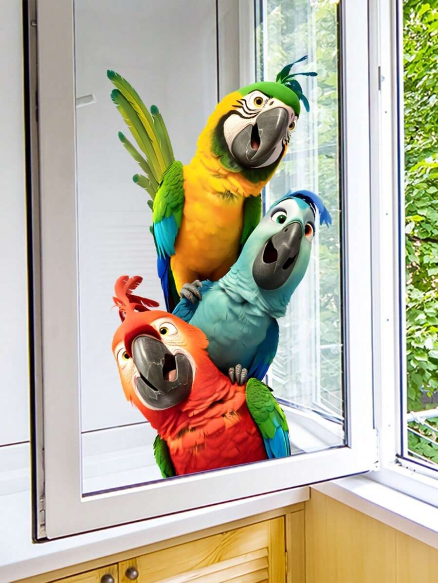 1 Home Decoration Windows Stickers, With Tropical Colorful Parrot Glass Sticker PVC Double-Sided Visible Static Cling Windows Clings, Funny Animals Pattern Window Decals, 9.45 * 15.75in For Room Glass Windows Doors Decoration - Parrot Pattern - View 1