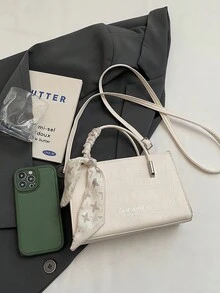 New Vintage Fashion Embossed Mini Square Handbag, Decorated With Scarf, Zipper Closure, Adjustable Long Shoulder Strap, Small Capacity Lightweight Minimalist Crossbody Bag - Beige - View 5