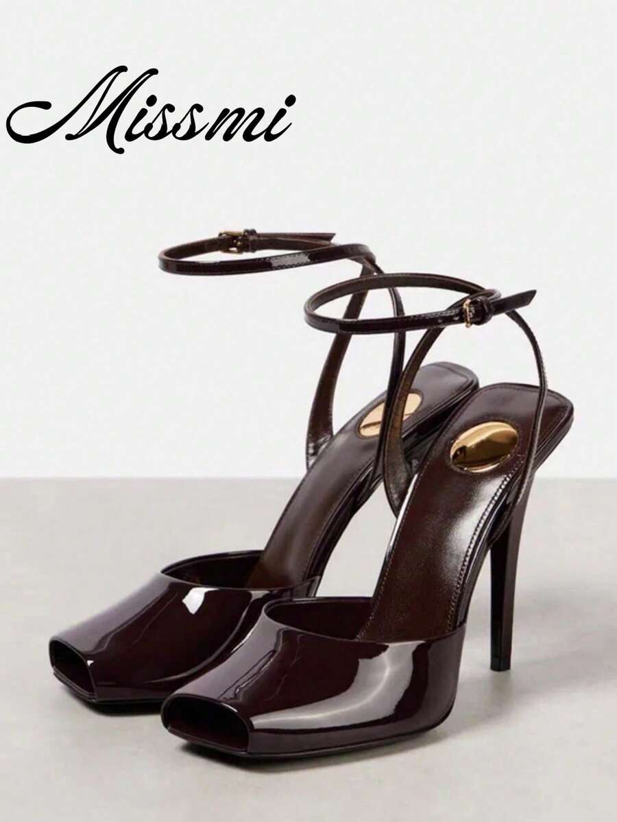 Peep-Toe High Heel Shoes, Runway Fashion, Same Style As Song Jia, Square Toe Strap Elegant Lady Sandals,Summer Shoes - Burgundy - View 1