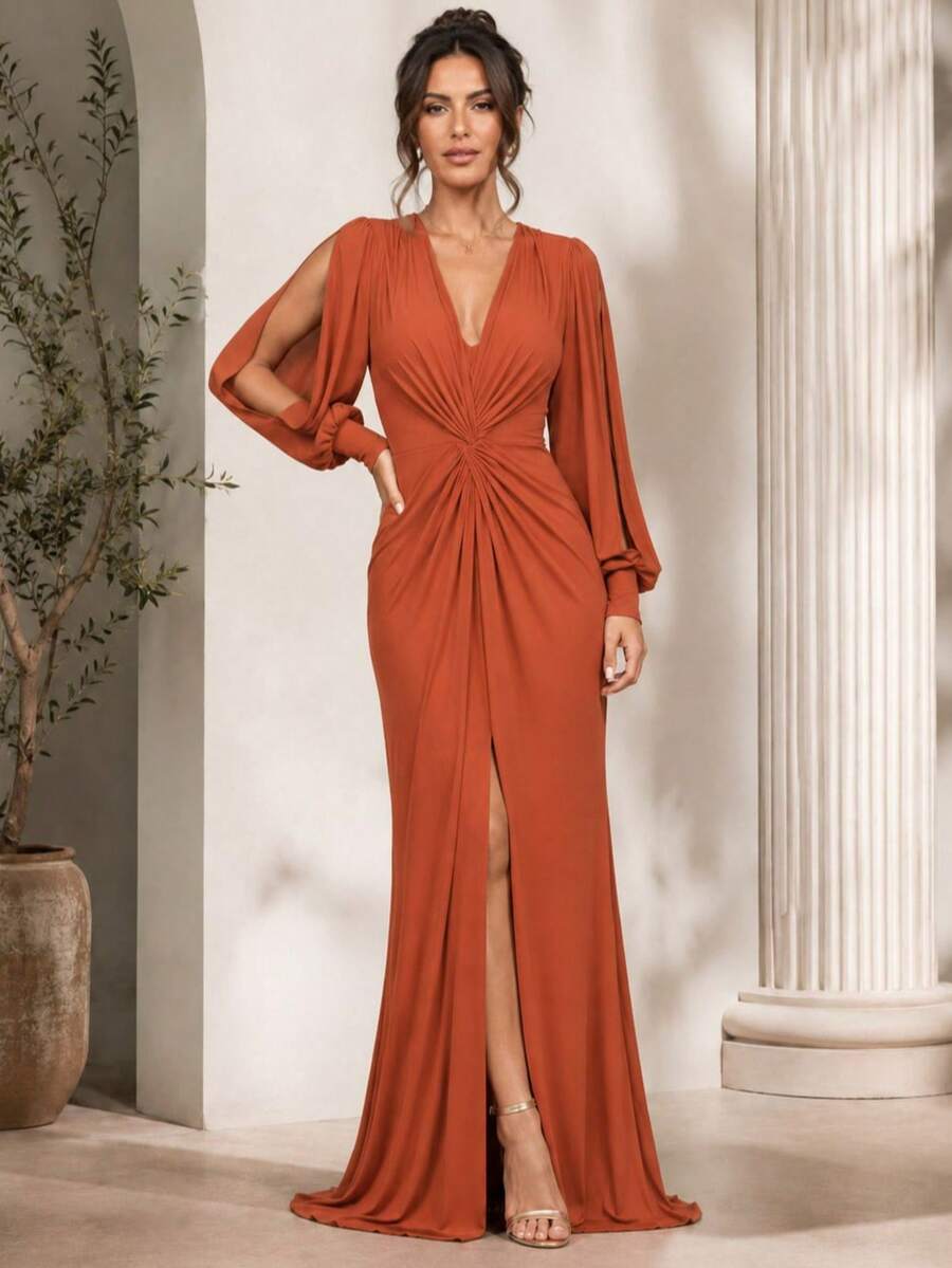 Bridesmaid Dress For Party Guests Reception Graduation Without Shine, Long Sleeves, Openwork In Fluity With Slit - 紅陶 - 查看 1