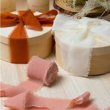 3 Rolls, 3colors, High-Quality Handmade Edge Chiffon Ribbon, Suitable For Wedding Invitations, Mother's Day,Bridal Bouquets, Gift Packaging, DIY Crafts - Orange-red Snow Bud Beige - View 5