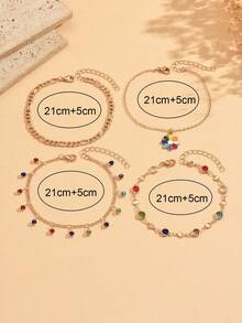 4pcs/Set Fashionable Luxury Colorful Rhinestone Floral Layered Gold Anklet Set For Women, Fresh Multi-Layer Anklets Suitable For Holiday, Beach, Daily Wear, Colorful Rhinestone Color Arrangement Is Random - Multicolor - View 4