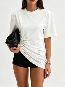 Women's White Knit Round Neck Short Sleeve Asymmetric Hem Detail Regular T-Shirt, Commuting & Casual Summer - White - View 5