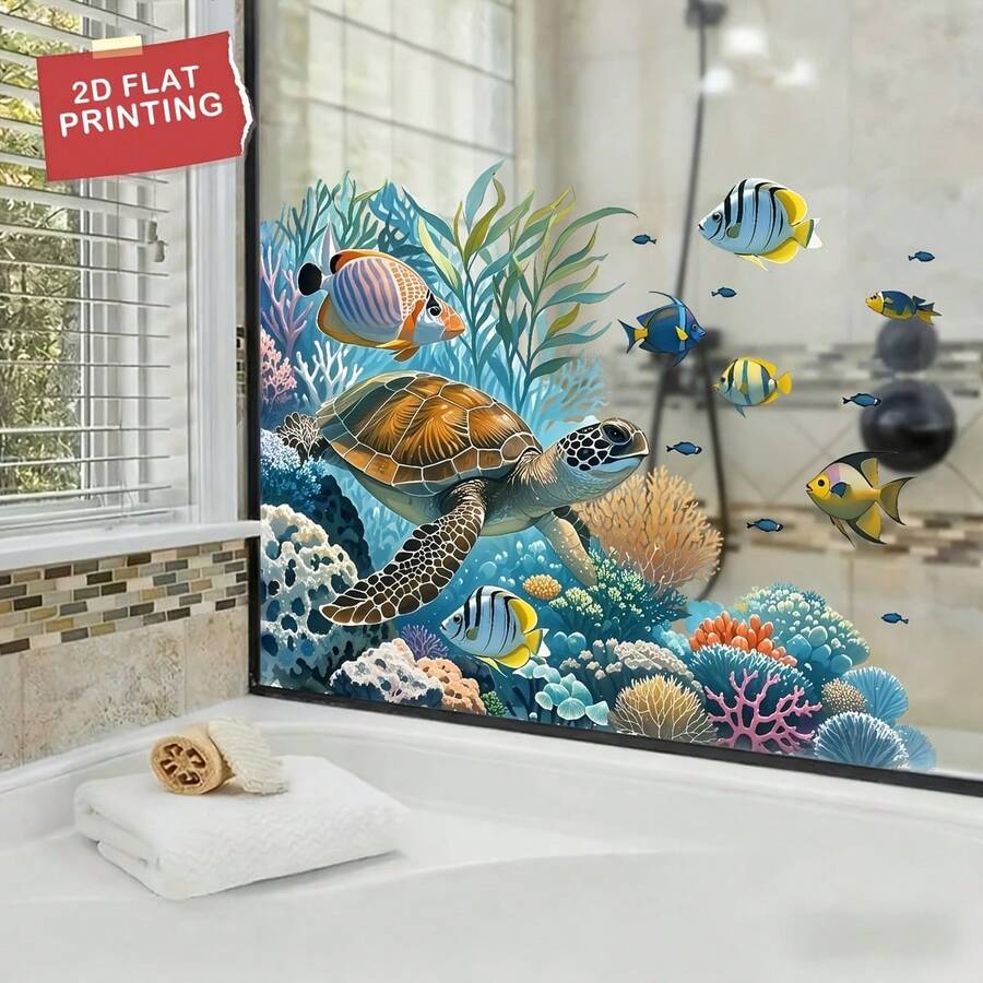 1pc Home Decoration Summer Ocean Fresh Style Sea Turtle Tropical Fish Window Sticker Creative DIY Ocean Animals Pattern Windows Clings Double-Sided Visible PVC Static Cling Glass Sticker 15.4*19.7in For Room Glass Windows Doors Decoration - Marine Life - View 1