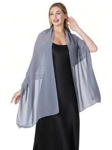 Women's Soft Solid Color Sheer Shawl Prom Party Dress Accessory Chiffon Wrap - Silver - View 4