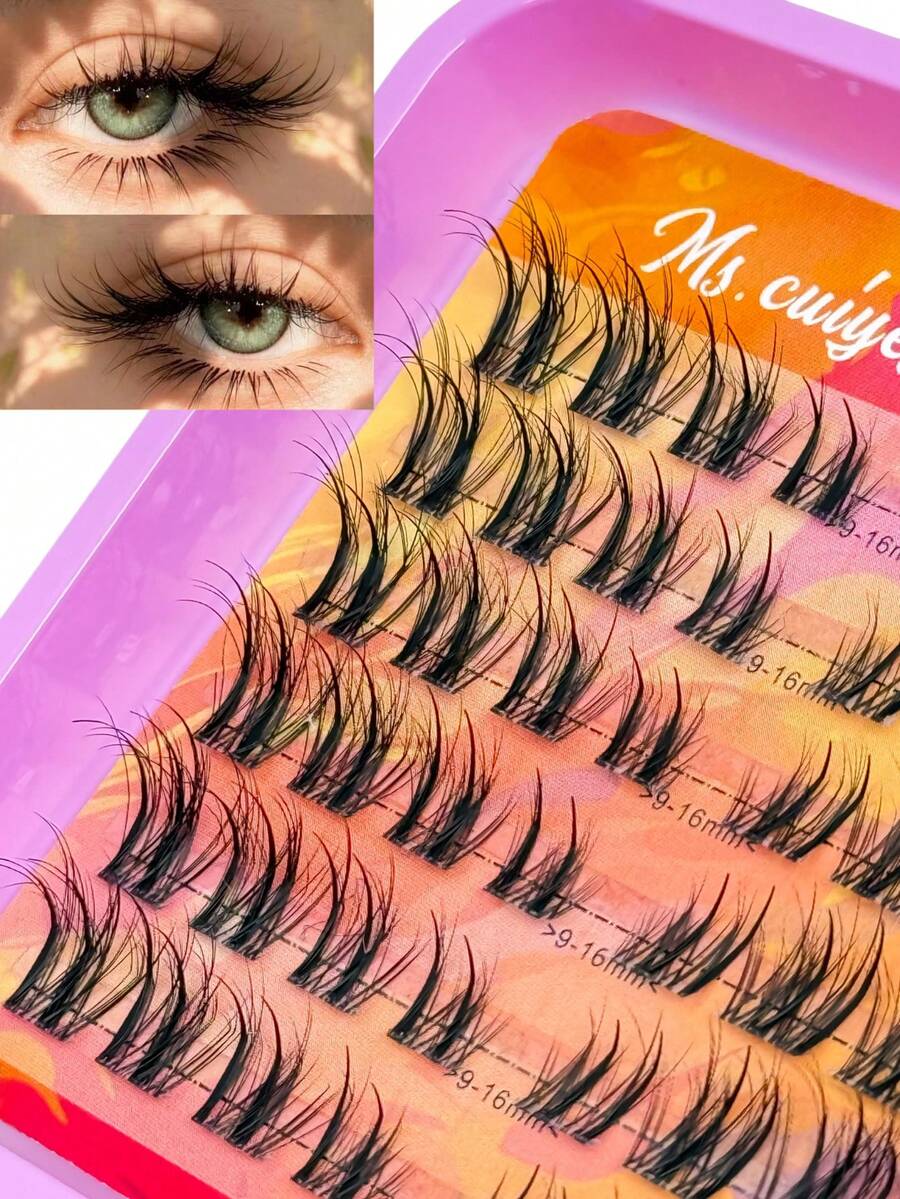 48pcs C Curl Fluffy Cluster False Eyelashes, Clear Stem, Pointed Style, Self-Adhesive, Mixed Single Cluster False Eyelashes, Natural & Slender, Fluffy & Soft, For DIY Eyelash Extensions