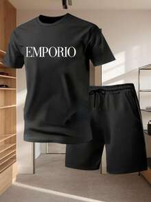 Camiseta de manga corta para hombre, de algodón estampado, ligera y cómoda para uso diario. No es un conjunto, solo los pantalones para referencia de combinación. - Negro - Ver 1