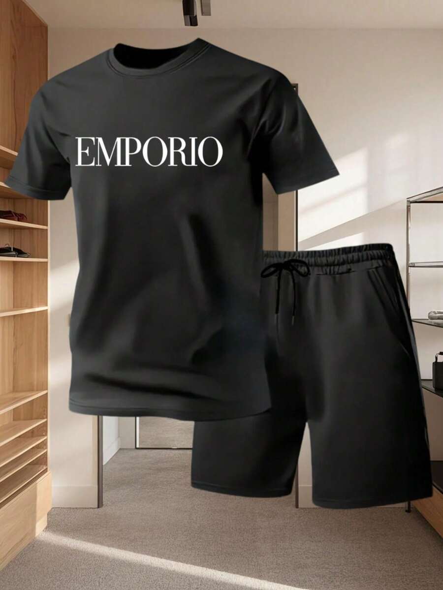 Camiseta de manga corta para hombre, de algodón estampado, ligera y cómoda para uso diario. No es un conjunto, solo los pantalones para referencia de combinación. - Negro - Ver 1