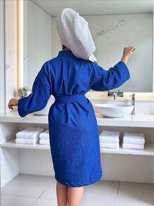 UNISEX WIDE AND LONG BATHROBE EXCELLENT ABSORPTION WITH RIBBON AND POCKETS - 寶藍色 - 查看 3
