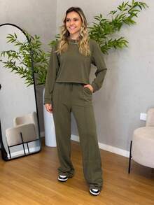 WOMEN'S SET OF PANTS AND LONG SLEEVE SWEATSHIRT, COMFORTABLE AND STYLISH - 軍綠色 - 查看 3