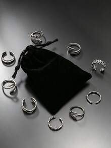 9pcs American Vintage Distressed Silver-Tone Stainless Steel Rings, Embossed Leaf, Twisted Rope Chain, Cross Hollow Design, Unisex Street Party Accessories - Silver - View 4