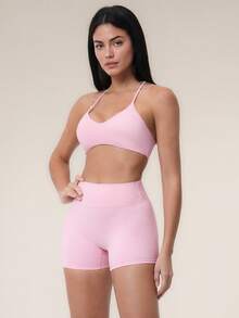 TimeOff 2pcs Women's Fitness Set, Halter V-Neck Y-Back Sports Bra + High Waist V-Stitch Shorts - Pink - View 3
