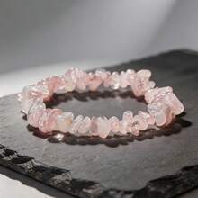 Asymmetric Natural Gemstone Bracelet, Elastic Chip Stone Beads, Rose Quartz Crystal Bracelet, Women's Bracelet, Valentine's Day Gift - Baby Pink - View 3